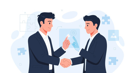 Fototapeta premium Businessmen shaking hands over a futuristic holographic interface, symbolizing partnership and innovation.