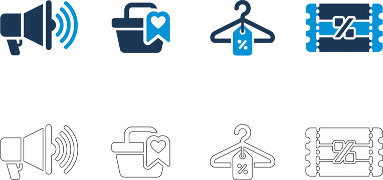 A collection of e commerce and retail icons featuring marketing shopping and discount symbols in two styles