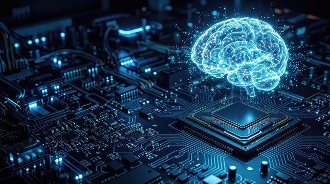 Illuminated futuristic cpu chip with electrical connections on dark circuit board background for technology and ai design