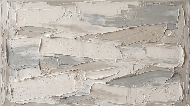 Abstract oil painting with thick impasto brushstrokes in neutral beige and grey tones on canvas with applied horizontal layers textured canvas