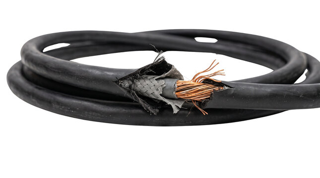 Damaged industrial power cable with exposed copper wiring, frayed black electrical cord, broken heavy duty wire insulation isolated PNG with Transparent Background