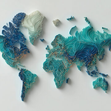 Pastel paper art world map with swirling ocean texture, 파스텔 톤의 회오리 해양 질감이 돋보이는 페이퍼 아트 세계지도