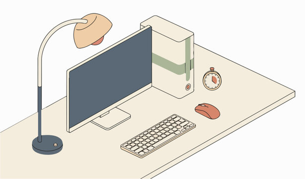 Clean and minimalist isometric digital workspace illustration with computer, keyboard, mouse, and lamp on a contemporary desk setup, ideal for remote work or creative projects