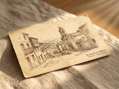 Vintage architectural sketch postcard of old European castle on linen fabric