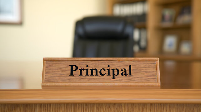 A wooden desk nameplate with the title Principal placed on top of an office table with a blurred leather chair and bookshelf background