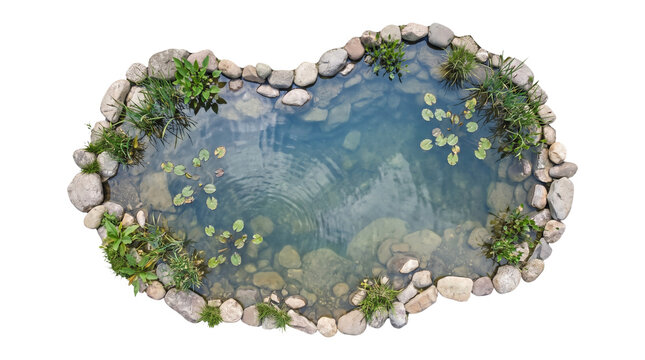Garden pond with rocks top view isolated on transparent background