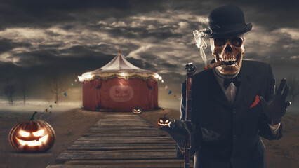 Naklejka premium Creepy circus tent and scary character