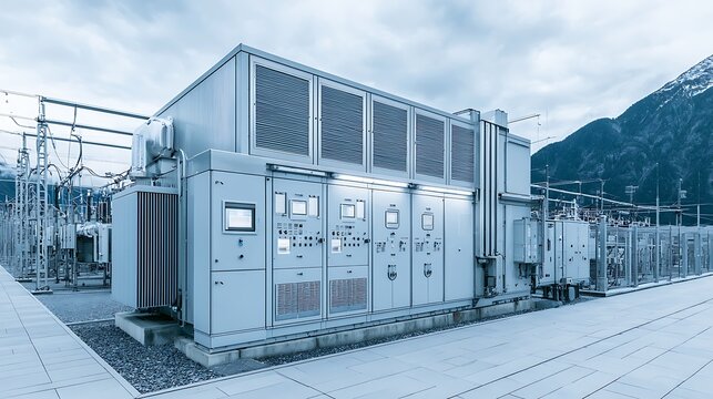 Industrial electrical substation equipment featuring control panels and transformers in a mountain landscape. Conceptual image for power distribution and renewable energy.