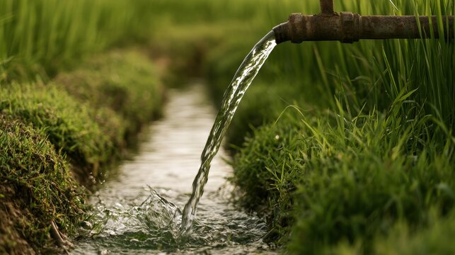 Clean water flows from a rusty pipe into an irrigation ditch in a green field. This image represents sustainable farming and agricultural water management concepts.
