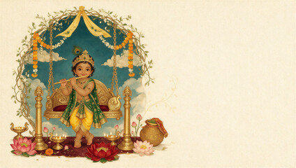Obraz premium Illustrated Baby Krishna Playing Flute on Golden Swing