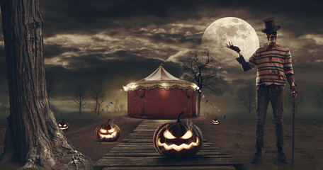 Naklejka premium Creepy circus tent and scary character