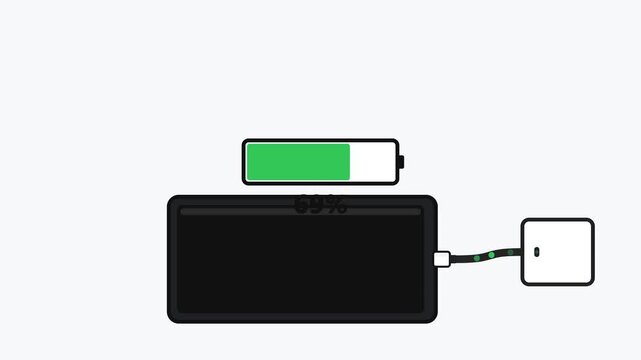 A black tablet is receiving an electrical charge through a connecting wire while the green indicator signifies that the internal power storage level currently remains at a very high capacity