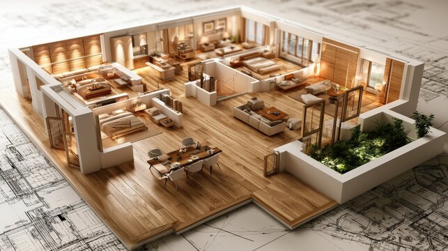 3D miniature floor plan layout of a modern luxury apartment with warm indoor lighting. Ideal for real estate and architectural design concepts.