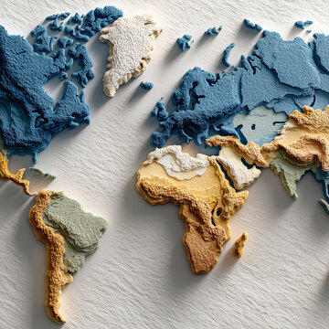 미니멀 블루 베이지 레이어드 페이퍼컷 세계지도, Minimalist Blue and Beige Layered Paper Cut World Map