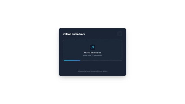 A web browser interface displays a dark theme dialog box prompting the user to perform an action for transferring a musical sound recording file into the cloud server software platform interface