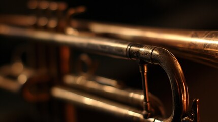 Fototapeta premium trumpet. A brass trumpet in a dimly lit bar, warm spotlight on its texture and reflections. bar promotions, beverage menus, designed for food & beverage menus and cafe branding.