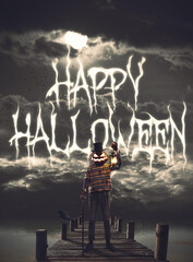 Naklejka premium Happy Halloween wishes and creepy character