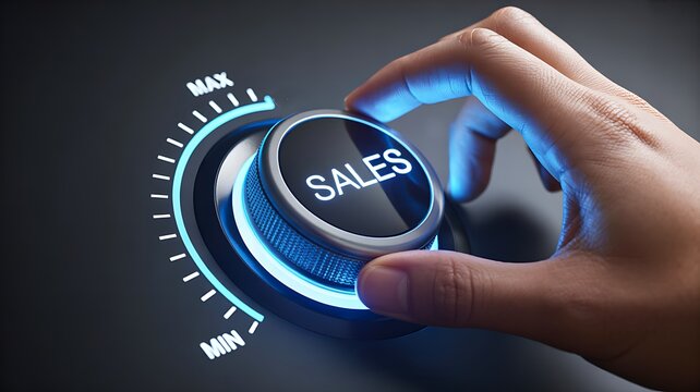 Sales performance concept with hand adjusting a digital control dial toward maximum results