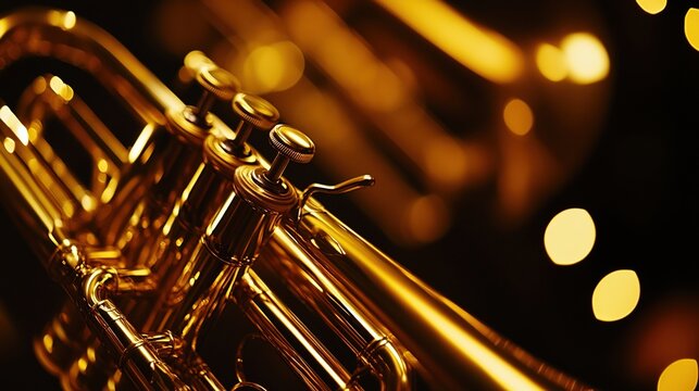 trumpet. A brass trumpet in a dimly lit bar, warm spotlight on its texture and reflections. bar promotions, beverage menus, designed for food & beverage menus and cafe branding.