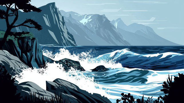 Crashing ocean waves against rugged cliffs with distant majestic mountains under a serene sky Dynamic coastal landscape artwork