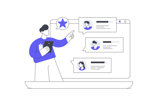 Ratings Service Reviews and Customer Feedback Online Platform. Male Specialist Pointing at User Reviews List on Computer Screen with Rating Star Badge. Flat Cartoon Vector Illustration, icon Stylish 