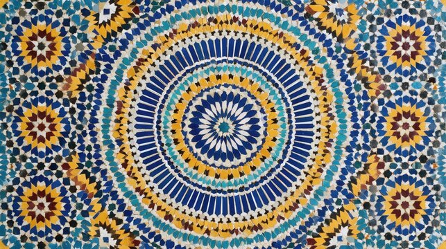 Intricate Moroccan mosaic pattern with blue, yellow, and white tiles. Background for travel and decor.