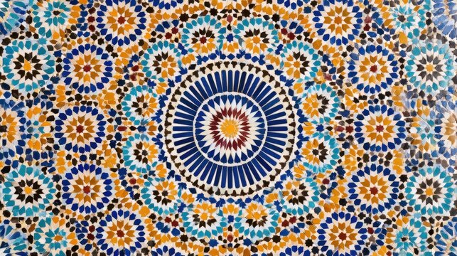 Intricate zellige tile mosaic with vibrant geometric Moroccan patterns. Perfect for architectural background design and cultural travel themes.