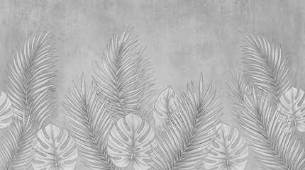 Minimalist tropical palm leaves on gray concrete wall, monochrome botanical mural background, industrial textured stone surface with jungle foliage © T_H_E_A_R_T_I_S_T