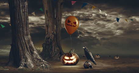 Naklejka premium Halloween pumpkin and crow in the forest