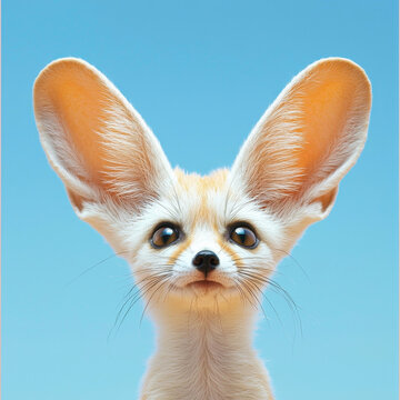 Cute fennec fox portrait with enormous ears, big dark eyes, and light fur against a plain blue backdrop