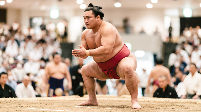 土俵の上で構えをとる大相撲の力士と会場の風景