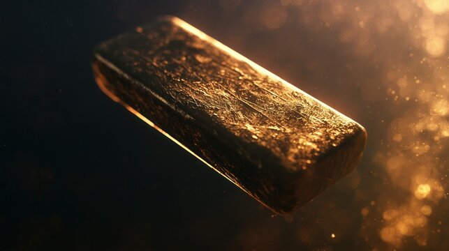 A single textured gold bar floats in dark space with dramatic rim lighting and golden particles. Represents wealth, investment, and financial prosperity concept.