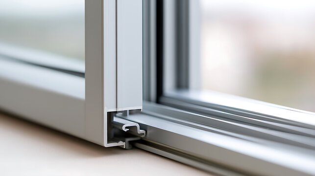 Close-up of modern metal window frame construction detail, showing sliding track profile and mechanical assembly in architectural design