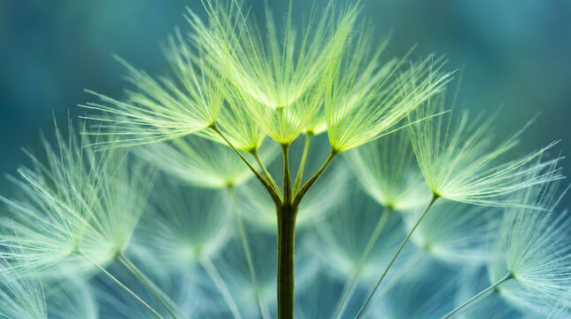 Close up macro of green dandelion seed pappus on teal background.