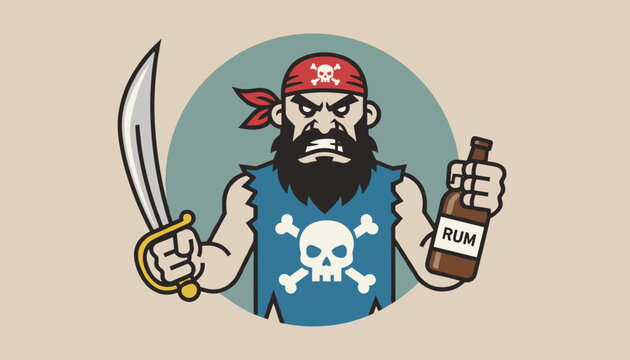 Angry cartoon pirate with a thick black beard holds a sharp cutlass and a bottle of rum inside a round frame.