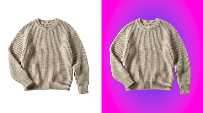 A beige knitted sweater with a crew neck and ribbed texture displayed as a clothing apparel mockup isolated on a white background, for retail