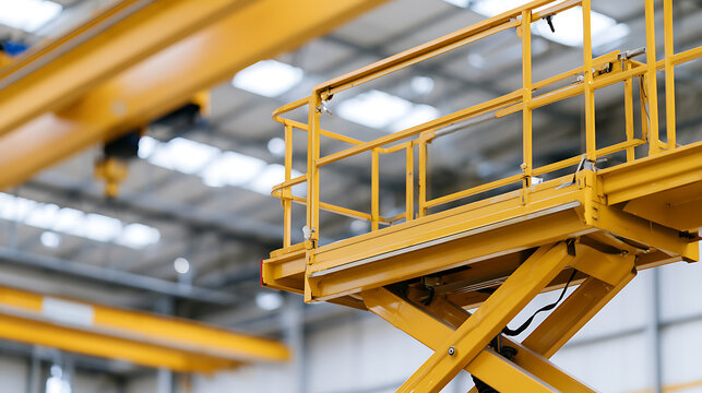 Industrial scissor lift platform inside a large manufacturing warehouse facility with heavy yellow machinery and overhead crane equipment