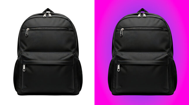 A black fabric backpack with multiple zippered compartments and side pockets, standing upright on a white background, isolated, front view