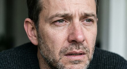 Naklejka premium Middle aged man with worried emotional expression and realistic natural skin close up