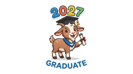 Fototapeta premium 2027 graduation celebration with adorable cartoon goat in cap and diploma