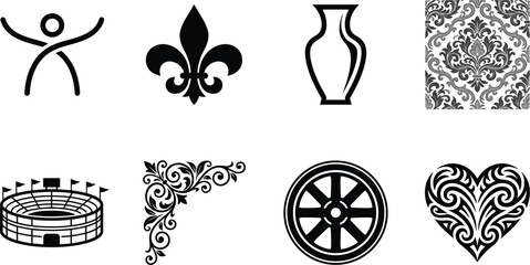 Fleur de lis damask motif decorative vase heart stadium wheel icon set collection vector for template design © MDNUR
