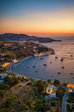 Aerial summer evening view of the bay of Vourkari at Kea - Tzia island, Cyclades, Greece