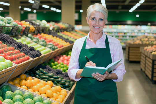 Portrait of middle aged Caucasian woman standing in supermarket produce section, writing in notebook while managing inventory. Useful for grocery retail, food supply, store operations marketing