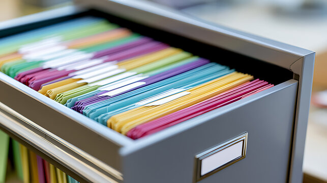 Open filing cabinet drawer filled with organized colorful hanging folders and paper documents in a modern corporate office workplace setting