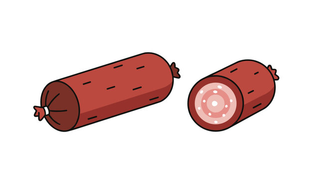 Salami or bologna sausage vector illustration showing a whole sausage log and a sliced piece on a white background.