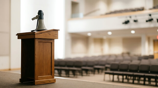 A wooden podium with a megaphone stands ready on stage in an empty auditorium, awaiting a speaker or presentation