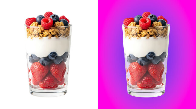 A glass filled with yogurt parfait layered with fresh strawberries, blueberries, and crunchy granola, isolated on a clean white background