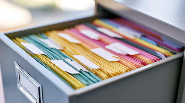 Open office cabinet drawer with colorful hanging folders and paper index tabs for document organization and data archiving in corporate desk
