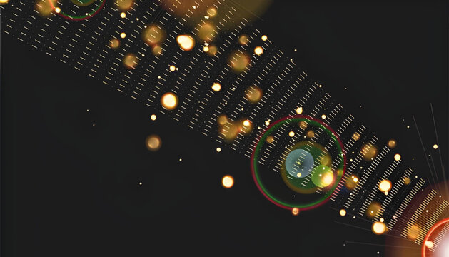 Futuristic Diagonal Golden Light Beam with Bokeh Circles and Lens Flares on Dark Background.