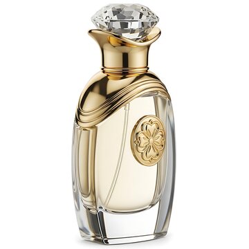Elegant perfume bottle with gold accents and diamond top